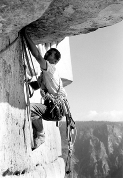 Tom Frost leading the Salathé roof pitch, September, 1961 - Photo Royal Robbins